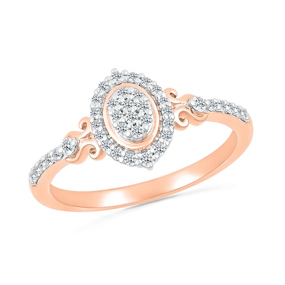 0.18 CT. T.W. Oval Multi-Diamond Frame Scroll Shank Promise Ring in 10K Rose Gold