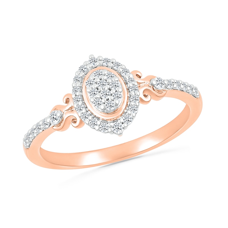 0.18 CT. T.W. Oval Multi-Diamond Frame Scroll Shank Promise Ring in 10K Rose Gold