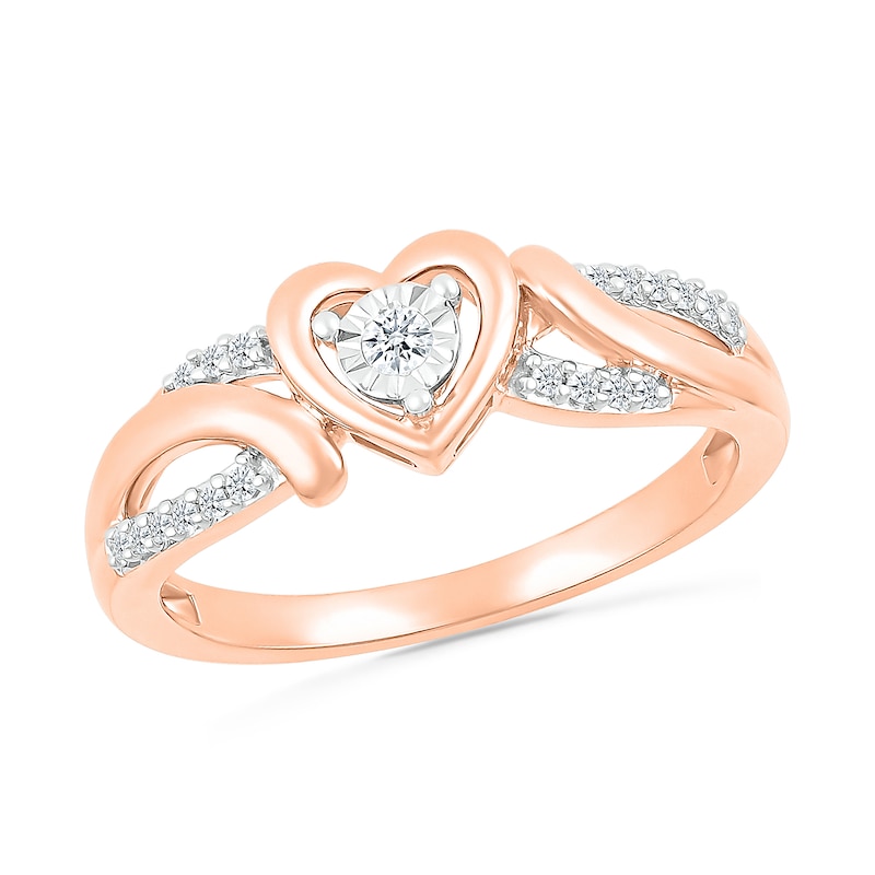 0.115 CT. T.W. Diamond Ribbon Heart Split Shank Promise Ring in 10K Rose Gold