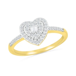 0.23 CT. T.W. Baguette and Round Diamond Double Heart Frame Promise Ring in 10K Gold