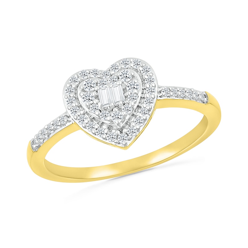 0.23 CT. T.W. Baguette and Round Diamond Double Heart Frame Promise Ring in 10K Gold