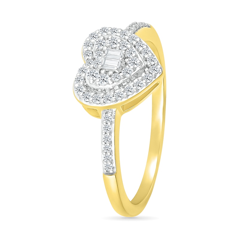 0.23 CT. T.W. Baguette and Round Diamond Double Heart Frame Promise Ring in 10K Gold