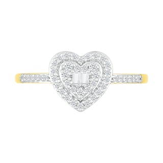 0.23 CT. T.W. Baguette and Round Diamond Double Heart Frame Promise Ring in 10K Gold
