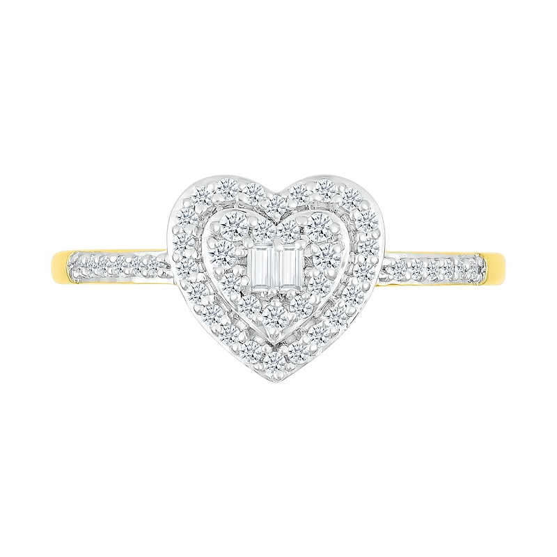 0.23 CT. T.W. Baguette and Round Diamond Double Heart Frame Promise Ring in 10K Gold