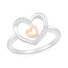 Thumbnail Image 0 of 0.04 CT. T.W. Diamond Large and Tilted Small Heart Promise Ring in Sterling Silver and 10K Rose Gold