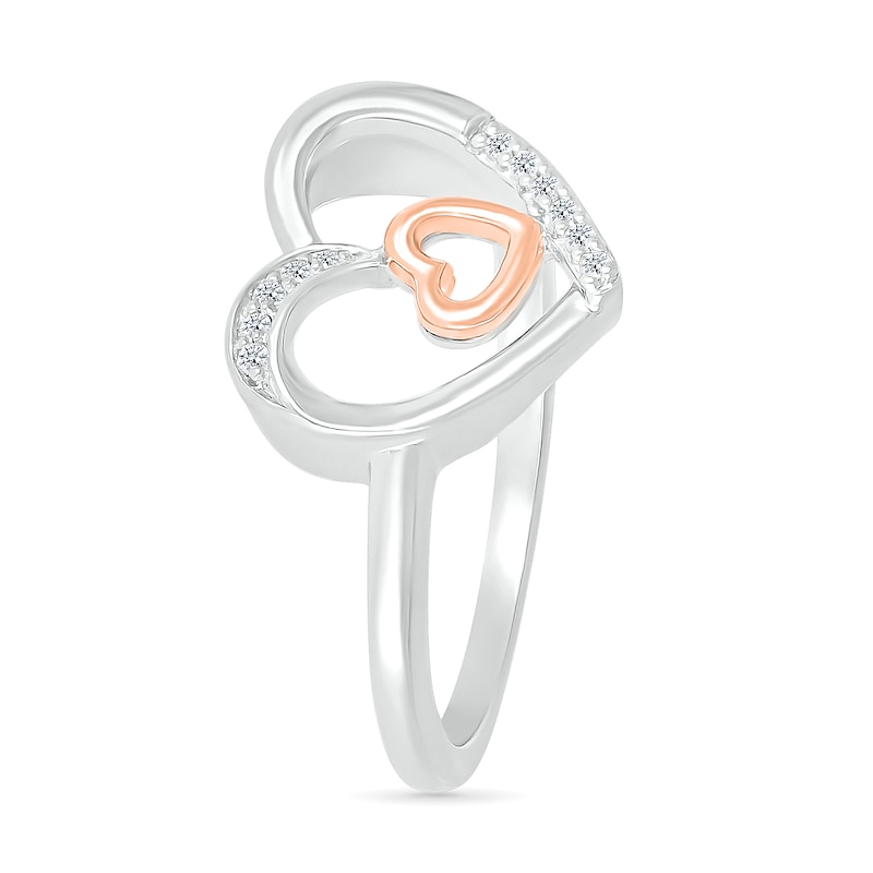 0.04 CT. T.W. Diamond Large and Tilted Small Heart Promise Ring in Sterling Silver and 10K Rose Gold