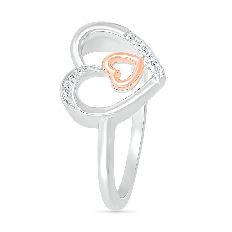 Main Image 2 of 0.04 CT. T.W. Diamond Large and Tilted Small Heart Promise Ring in Sterling Silver and 10K Rose Gold
