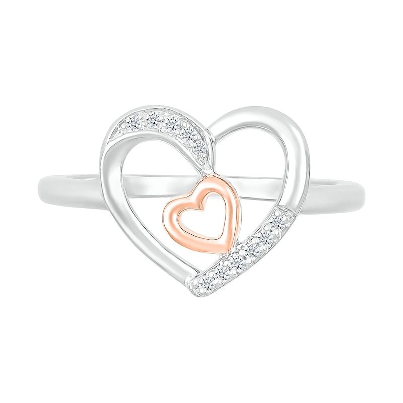 0.04 CT. T.W. Diamond Large and Tilted Small Heart Promise Ring in Sterling Silver and 10K Rose Gold