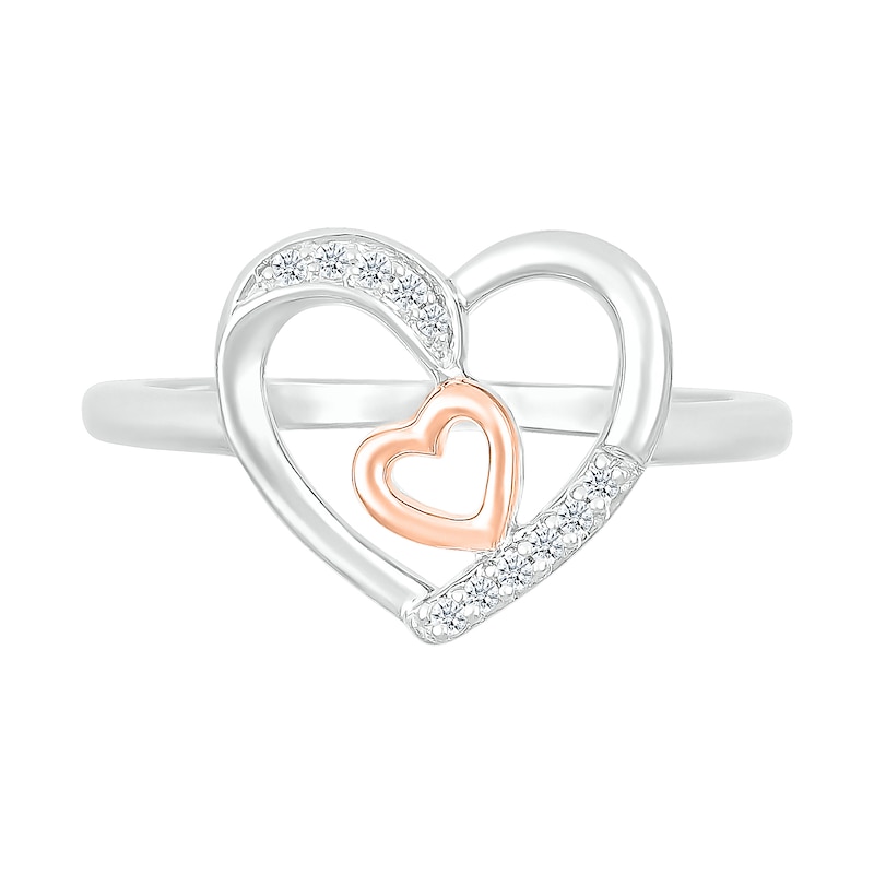 Main Image 3 of 0.04 CT. T.W. Diamond Large and Tilted Small Heart Promise Ring in Sterling Silver and 10K Rose Gold