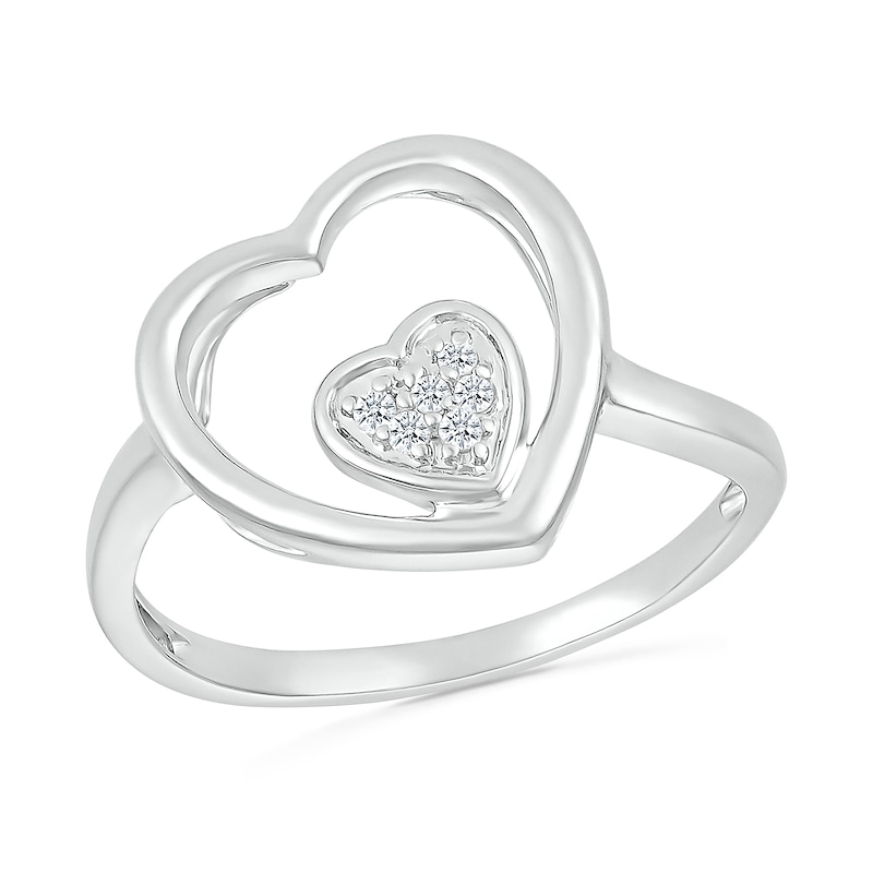 0.04 CT. T.W. Heart-Shaped Multi-Diamond Large and Small Open Frame Tilted Heart Promise Ring in Sterling Silver
