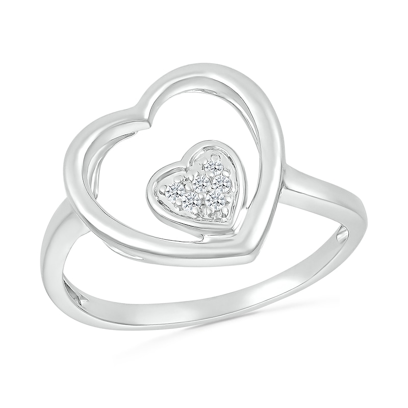 0.04 CT. T.W. Heart-Shaped Multi-Diamond Large and Small Open Frame Tilted  Heart Promise Ring in Sterling Silver|Peoples Jewellers