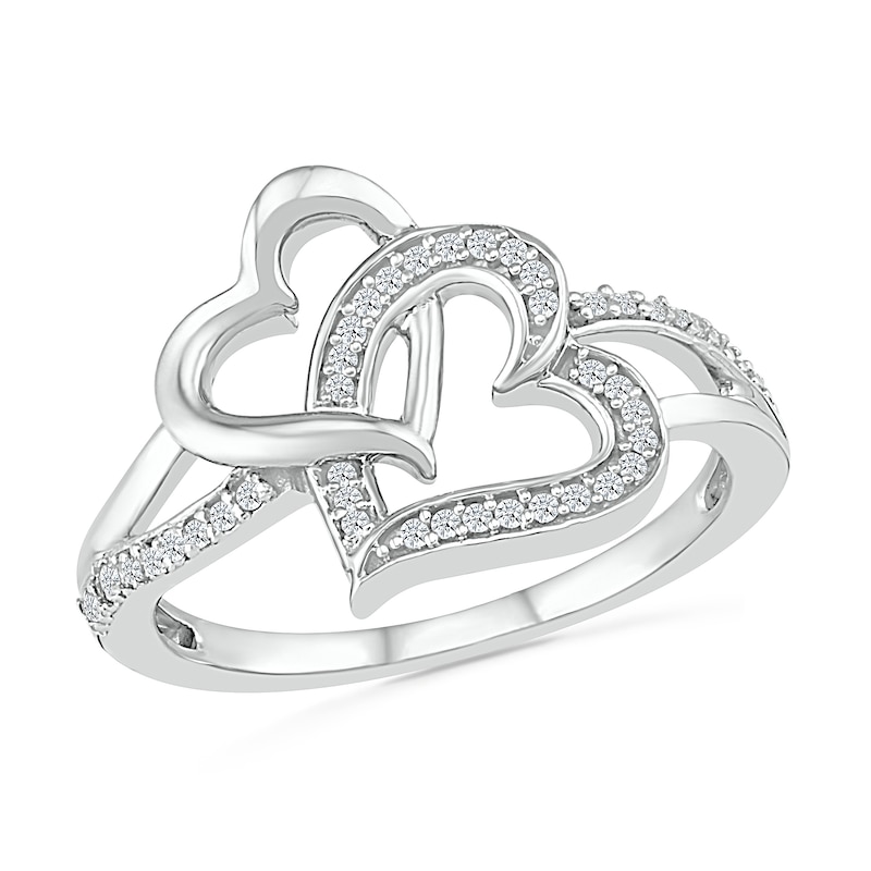 Main Image 1 of 0.145 CT. T.W. Diamond Tilted and Sideways Double Interlocking Hearts Split Shank Promise Ring in Sterling Silver