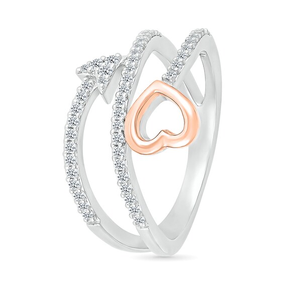 0.23 CT. T.W. Diamond Sideways Heart Arrow Split Shank Promise Ring in Sterling Silver and 10K Rose Gold