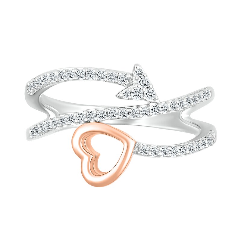 0.23 CT. T.W. Diamond Sideways Heart Arrow Split Shank Promise Ring in Sterling Silver and 10K Rose Gold