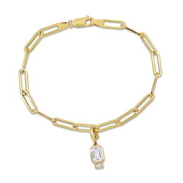 Emerald-Cut and Baguette White Lab-Created Sapphire Charm Paper Clip Bracelet in 14K Gold