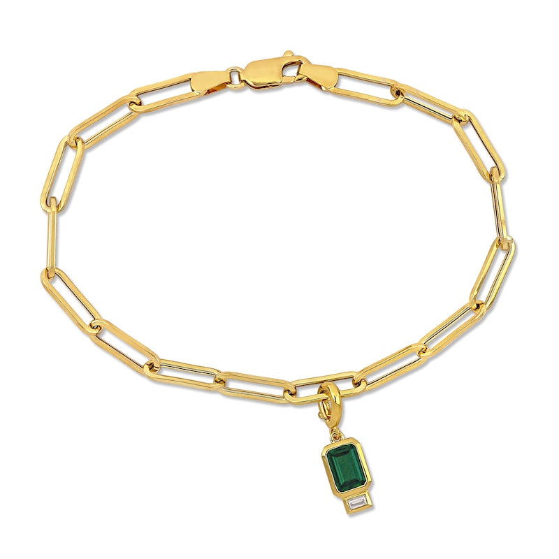 Main Image 1 of Emerald-Cut Lab-Created Emerald and Sideways Baguette White Lab-Created Sapphire Paper Clip Bracelet in 14K Gold - 7.5"