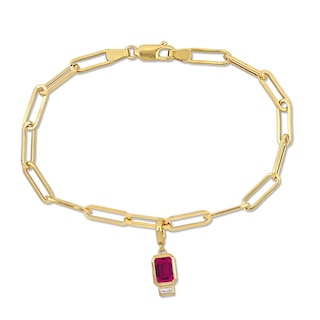 Emerald-Cut Lab-Created Ruby and White Lab-Created Sapphire Charm Paper Clip Bracelet in 14K Gold