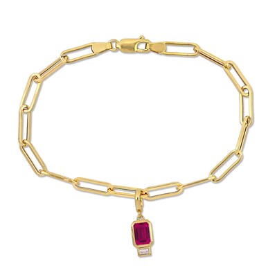 Emerald-Cut Lab-Created Ruby and White Lab-Created Sapphire Charm Paper Clip Bracelet in 14K Gold