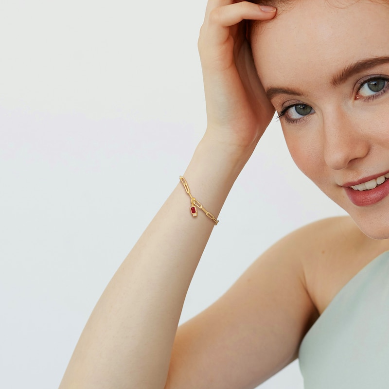 Main Image 2 of Emerald-Cut Lab-Created Ruby and White Lab-Created Sapphire Charm Paper Clip Bracelet in 14K Gold