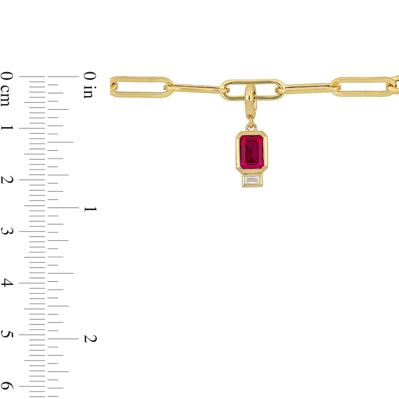 Main Image 4 of Emerald-Cut Lab-Created Ruby and White Lab-Created Sapphire Charm Paper Clip Bracelet in 14K Gold