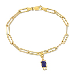 Emerald-Cut Blue Lab-Created Sapphire and White Lab-Created Sapphire Charm Paper Clip Bracelet in 14K Gold