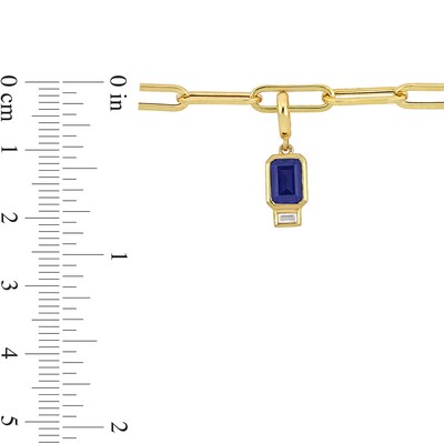 Emerald-Cut Blue Lab-Created Sapphire and White Lab-Created Sapphire Charm Paper Clip Bracelet in 14K Gold