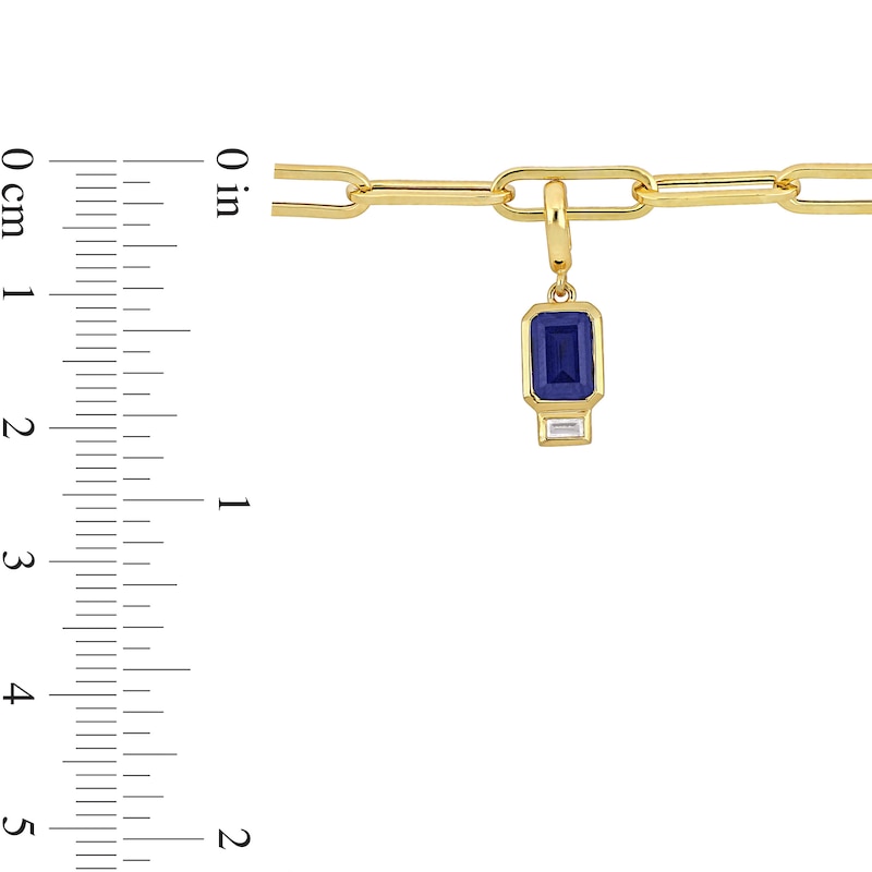 Main Image 4 of Emerald-Cut Blue Lab-Created Sapphire and White Lab-Created Sapphire Charm Paper Clip Bracelet in 14K Gold