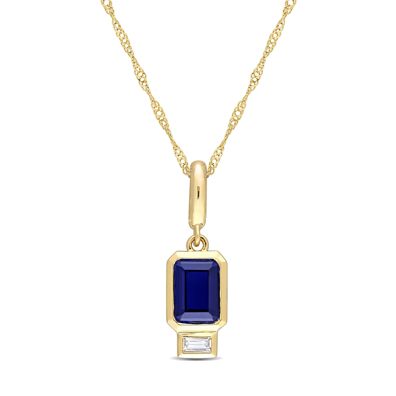 Emerald-Cut Blue Lab-Created Sapphire and White Lab-Created Sapphire Charm Pendant in 14K Gold