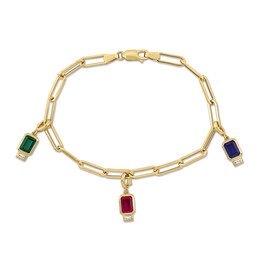 Emerald-Cut Lab-Created Ruby, Lab-Created Emerald, Blue and White Lab-Created Sapphire Paperclip Bracelet in 14K Gold