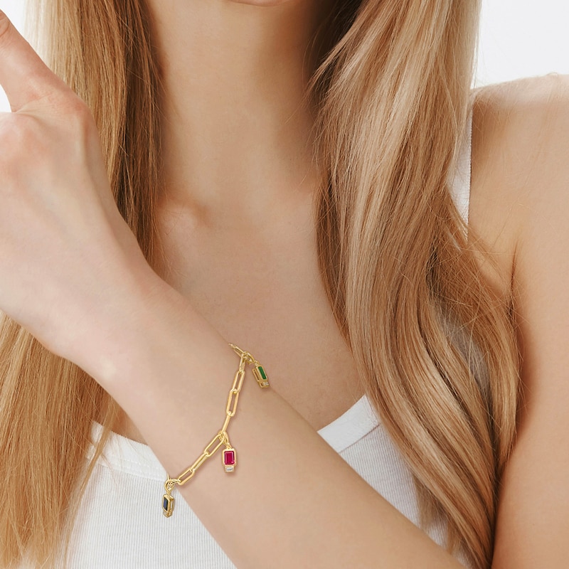 Main Image 2 of Emerald-Cut Lab-Created Ruby, Lab-Created Emerald, Blue and White Lab-Created Sapphire Paper Clip Bracelet in 14K Gold
