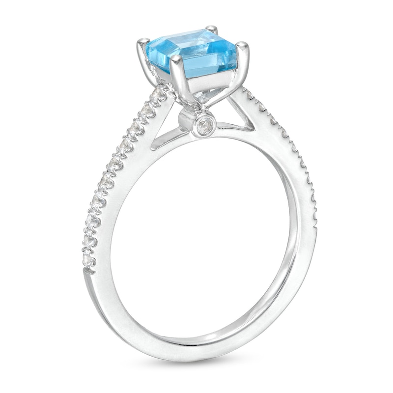 Main Image 3 of 6.0mm Princess-Cut Swiss Blue Topaz and 0.26 CT. T.W. Diamond Ring in 14K White Gold