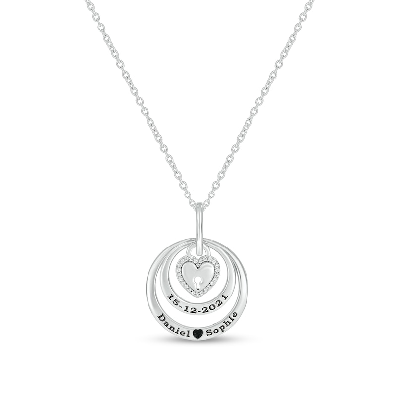 Main Image 1 of 0.085 CT. T.W. Diamond Engravable Double Circle with Heart Lock Pendant in Sterling Silver (1-2 Lines)