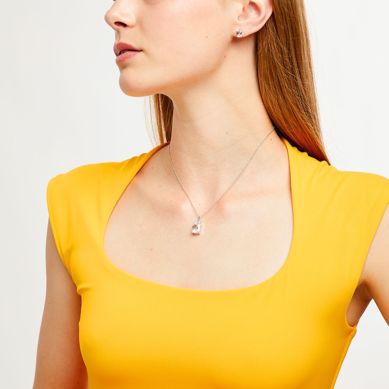 Main Image 2 of Emerald-Cut White Lab-Created Sapphire Pendant and Stud Earrings Set in Sterling Silver