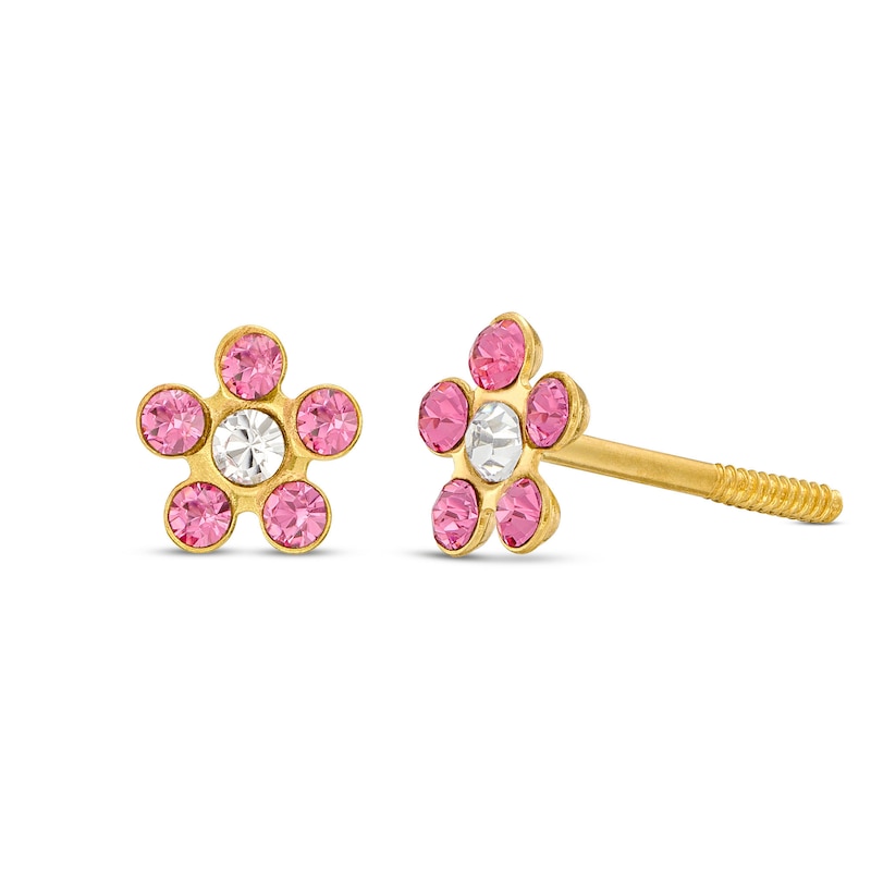 Child's Pink and White Crystal Flower Stud Earrings in 14K Gold|Peoples Jewellers