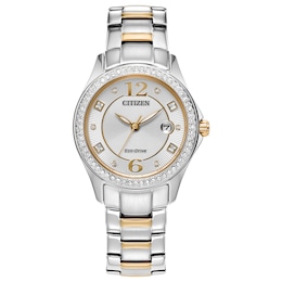 Ladies’ Citizen Eco-Drive® Crystal Accent Two-Tone IP Watch with Silver-Tone Dial (Model: FE1146-71A)
