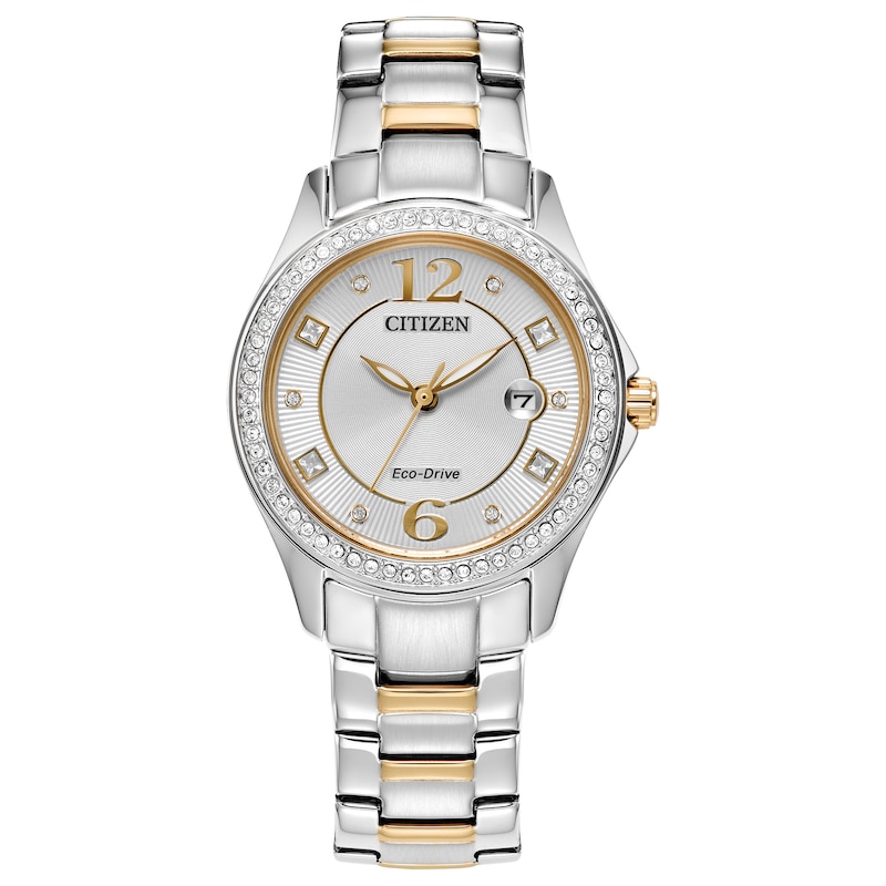 Ladies’ Citizen Eco-Drive® Crystal Accent Two-Tone IP Watch with Silver-Tone Dial (Model: FE1146-71A)