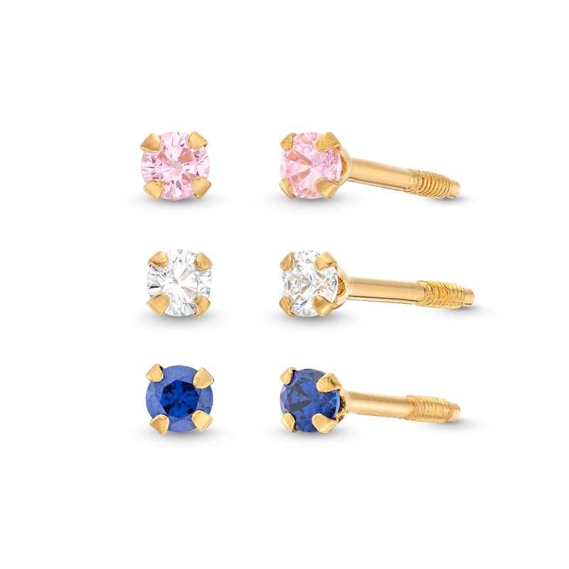 Child's 2.0mm Pink, Blue and White Cubic Zirconia Three Pair Stud Earrings Set in 14K Gold|Peoples Jewellers