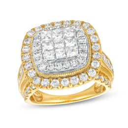 2.95 CT. T.W. Princess-Cut Multi-Diamond Cushion Frame Vintage-Style Engagement Ring in 14K Gold