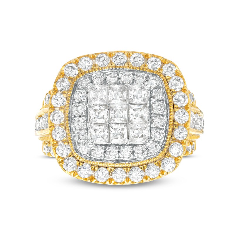 Main Image 4 of 2.95 CT. T.W. Princess-Cut Multi-Diamond Cushion Frame Vintage-Style Engagement Ring in 14K Gold
