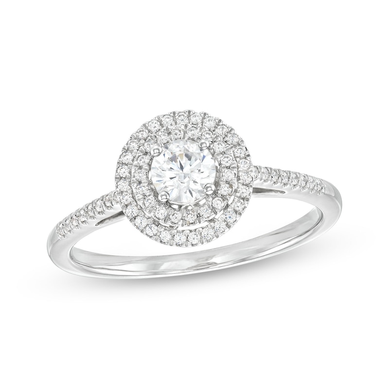 Canadian Certified Centre Diamond 0.50 CT. T.W. Double Frame Engagement Ring in 14K White Gold (I/I1)|Peoples Jewellers