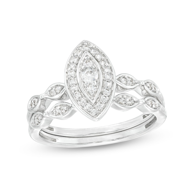 Main Image 1 of 0.23 CT. T.W. Marquise-Shaped Multi-Diamond Frame Art Deco-Inspired Bridal Set in Sterling Silver