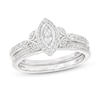 Thumbnail Image 1 of 0.23 CT. T.W. Marquise-Shaped Multi-Diamond Frame Leaf-Sides Ribbon Shank Bridal Set in Sterling Silver