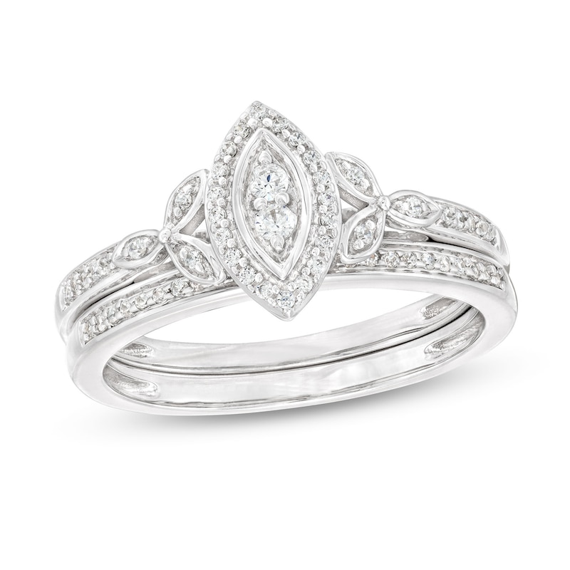 Main Image 1 of 0.23 CT. T.W. Marquise-Shaped Multi-Diamond Frame Leaf-Sides Ribbon Shank Bridal Set in Sterling Silver