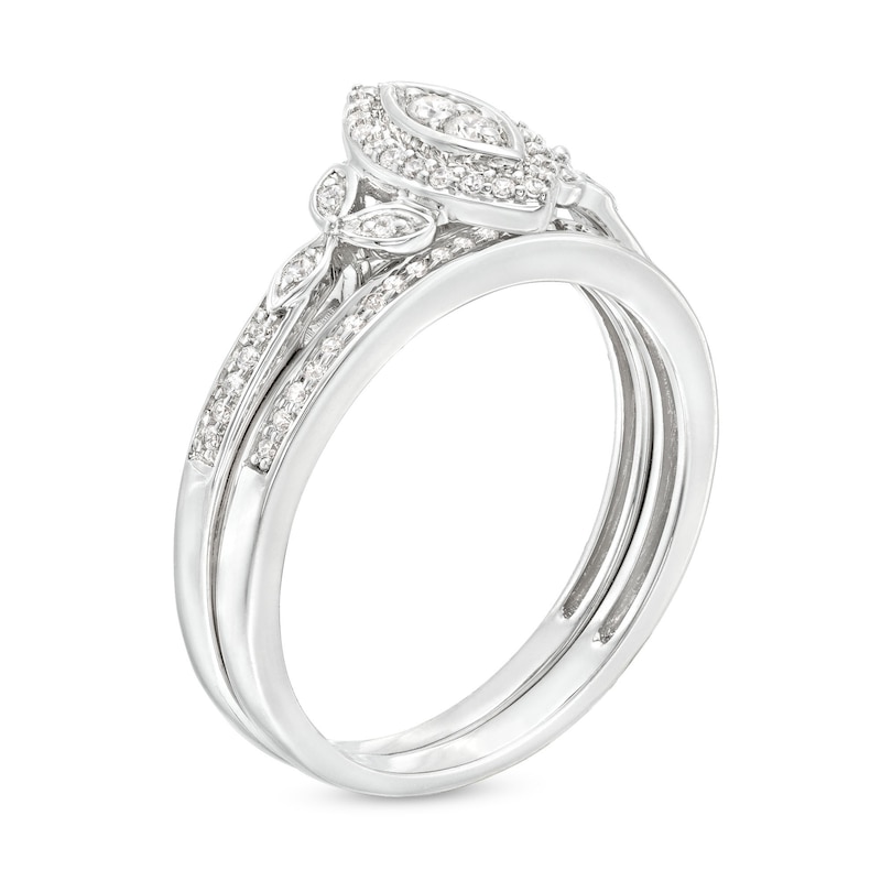Main Image 3 of 0.23 CT. T.W. Marquise-Shaped Multi-Diamond Frame Leaf-Sides Ribbon Shank Bridal Set in Sterling Silver
