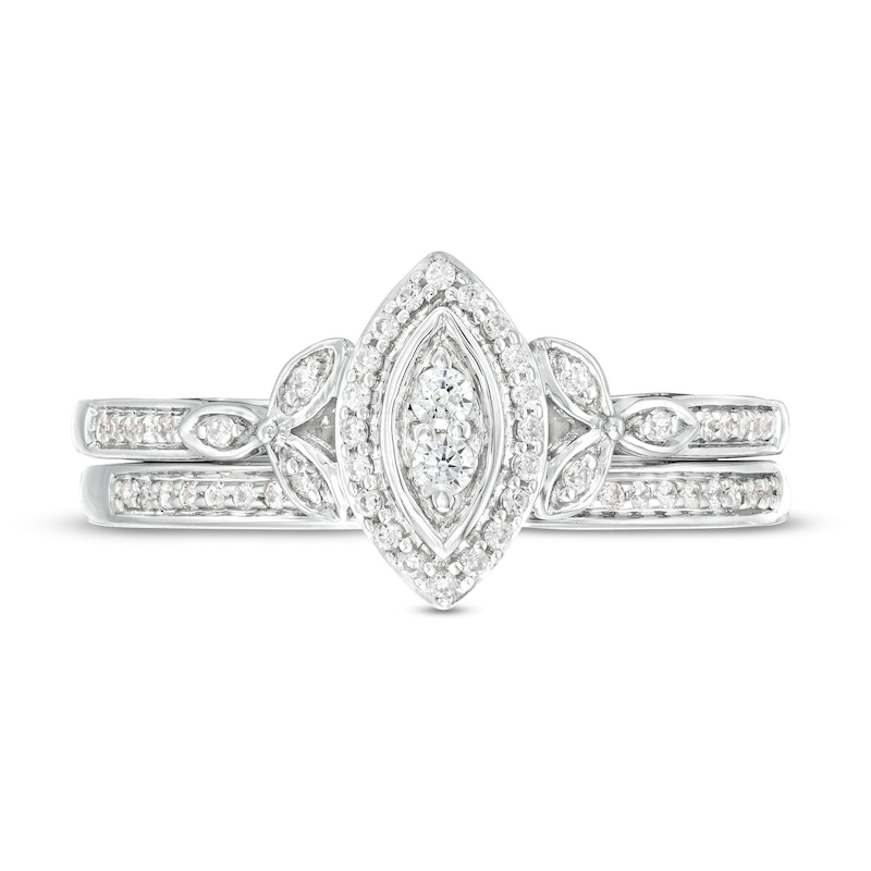 Main Image 4 of 0.23 CT. T.W. Marquise-Shaped Multi-Diamond Frame Leaf-Sides Ribbon Shank Bridal Set in Sterling Silver
