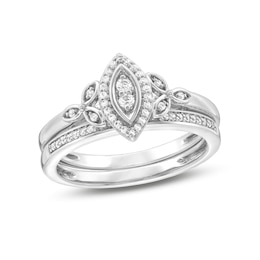 0.18 CT. T.W. Marquise-Shaped Multi-Diamond Frame Leaf-Sides Bridal Set in Sterling Silver