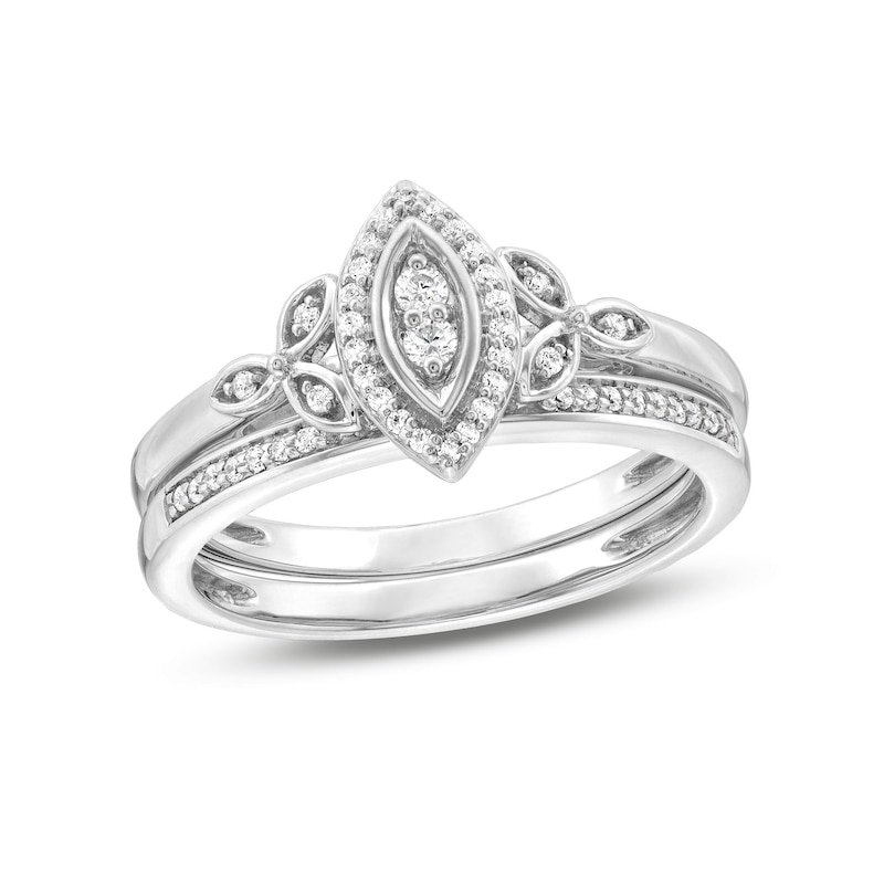 0.18 CT. T.W. Marquise-Shaped Multi-Diamond Frame Leaf-Sides Bridal Set in Sterling Silver