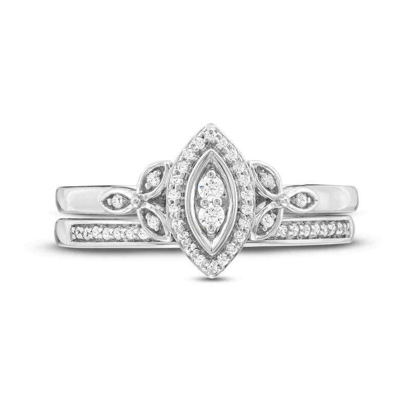 Main Image 4 of 0.18 CT. T.W. Marquise-Shaped Multi-Diamond Frame Leaf-Sides Bridal Set in Sterling Silver