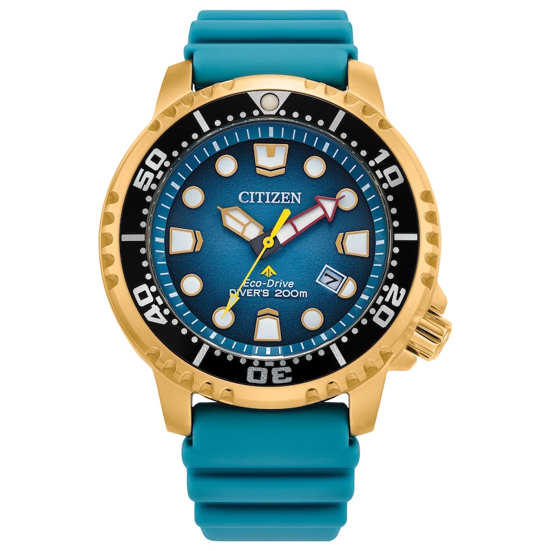 Main Image 1 of Men's Citizen Eco-Drive® Promaster Dive Gold-Tone PVD Strap Watch with Blue Dial (Model: BN0162-02X)