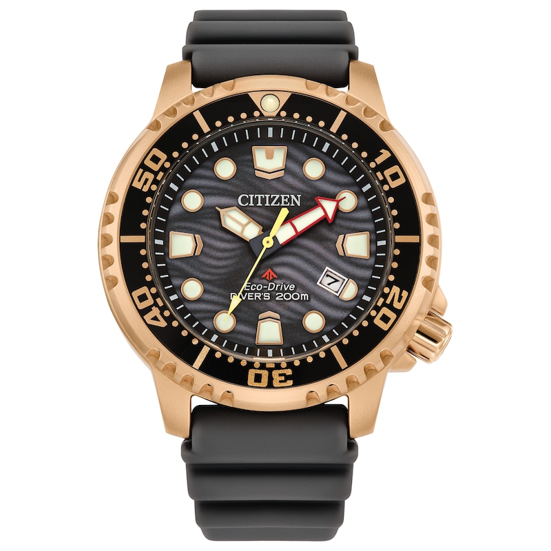 Men's Citizen Eco-Drive® Promaster Dive Rose-Tone PVD Black Strap Watch with Grey Dial (Model: BN0163-00H)